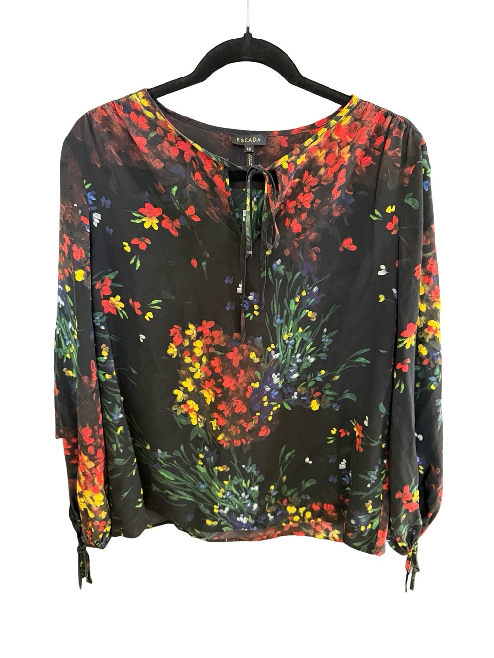 Escada Silk Floral Blouse Black Tie Neck Sheer Luxe Top Size 40